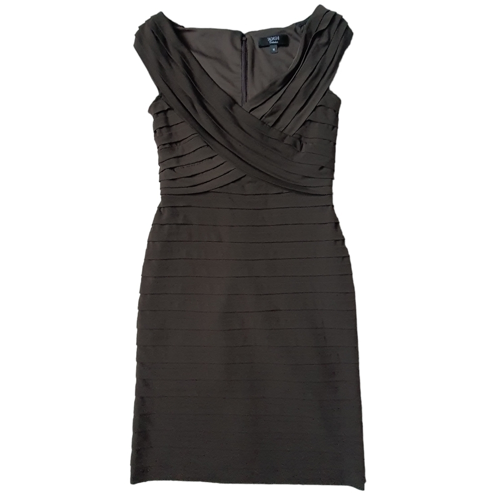 Tadashi Sleeveless Layered Sheath Dress Stretchy Medium Vneck Brown